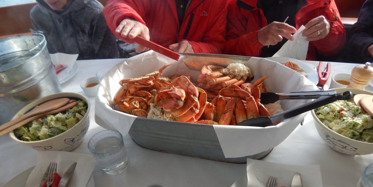 Bowl of fresh caught crab on the dinner table in British Columbia