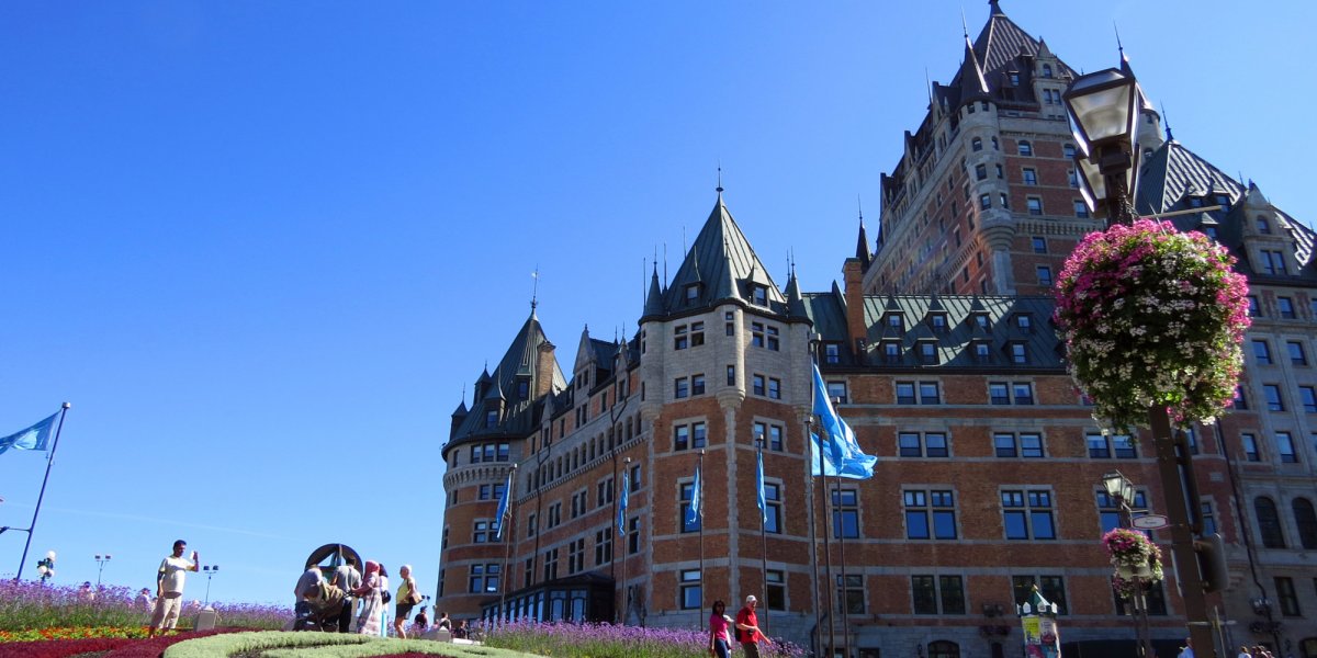 Tourist outside the Chateau Frontenac in Old Quebec City, Canada
