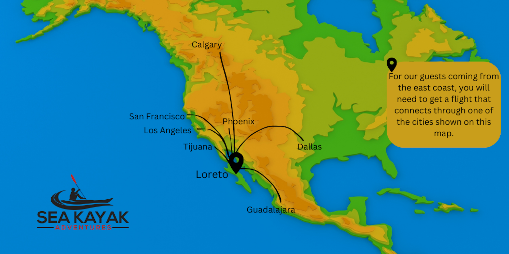 Map of North America showing flight routes to Loreto, Baja California Sur.