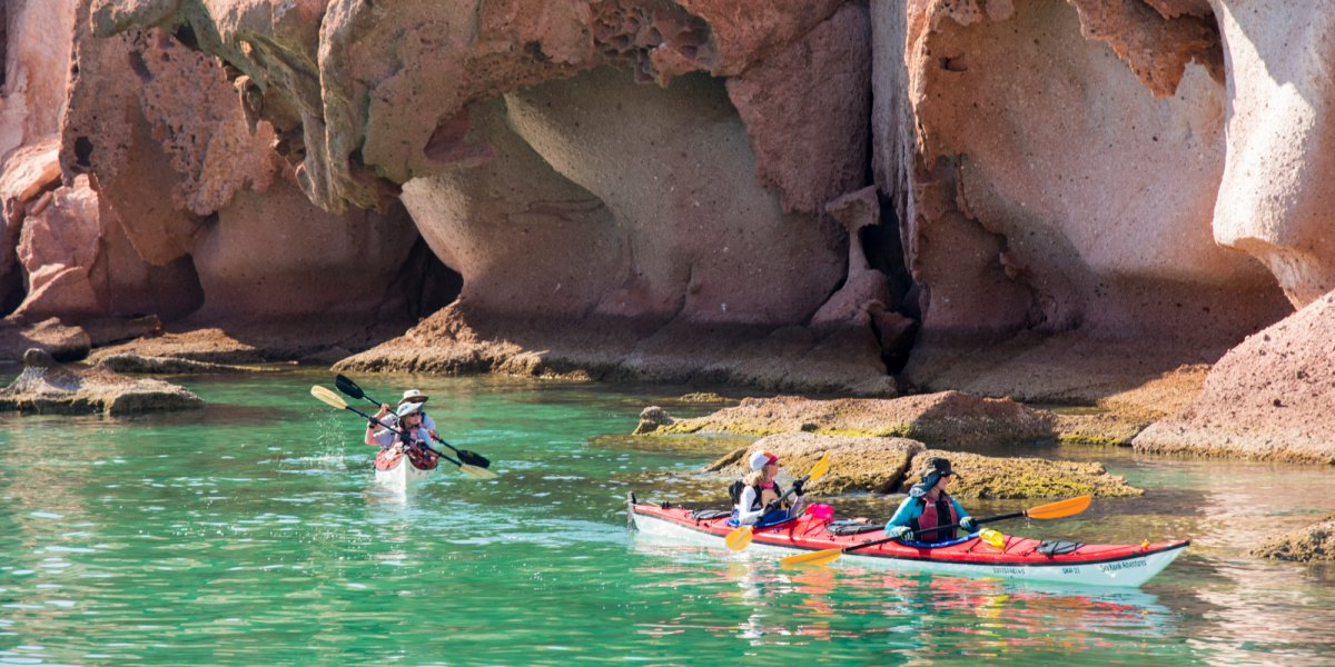 Sea kayakers explore the incredible rock formations around Isla Espiritu Santo
