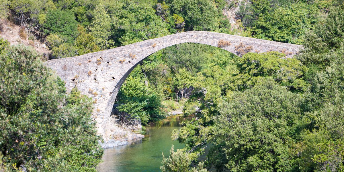 Old stone walking bridge over a creek in a lush garden in Corsica
