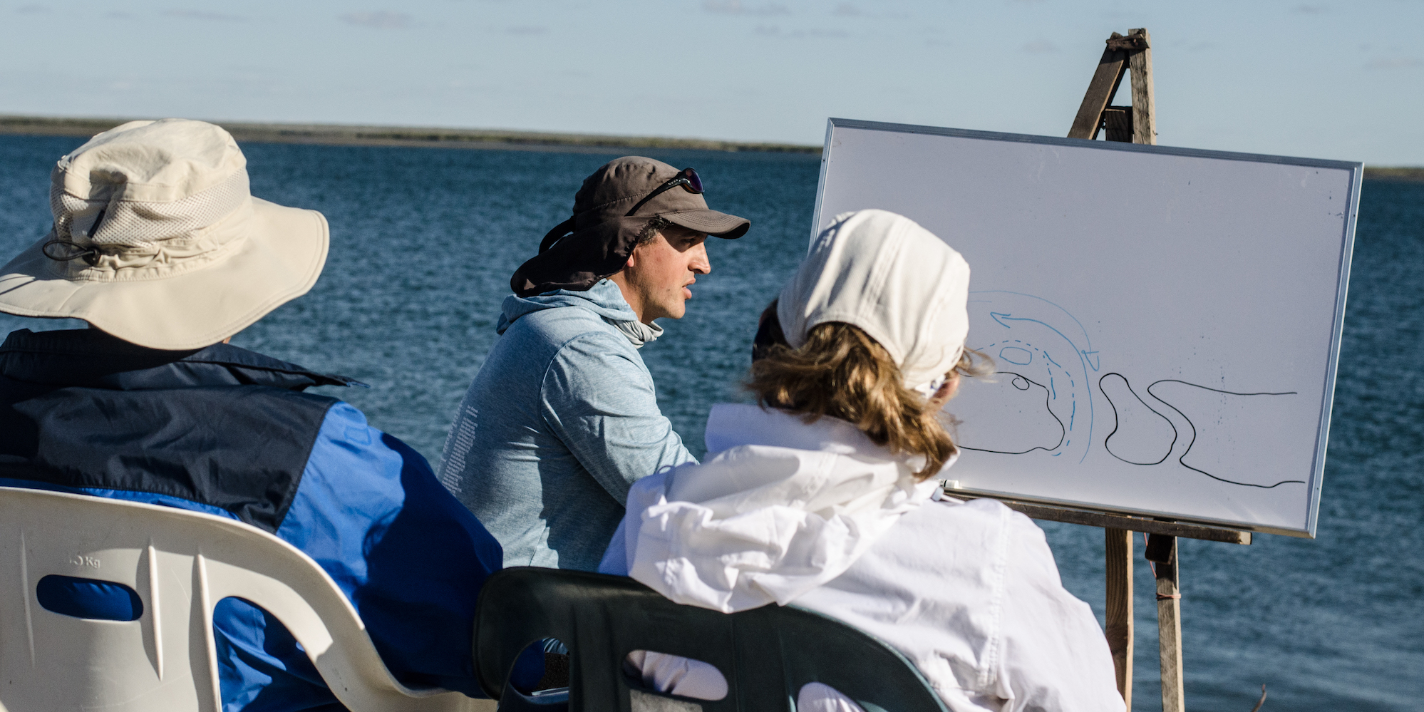 A whale watching tour guide drawing the path of water and whales through a channel on a white board with the Pacific Ocean behind him on a sunny day
