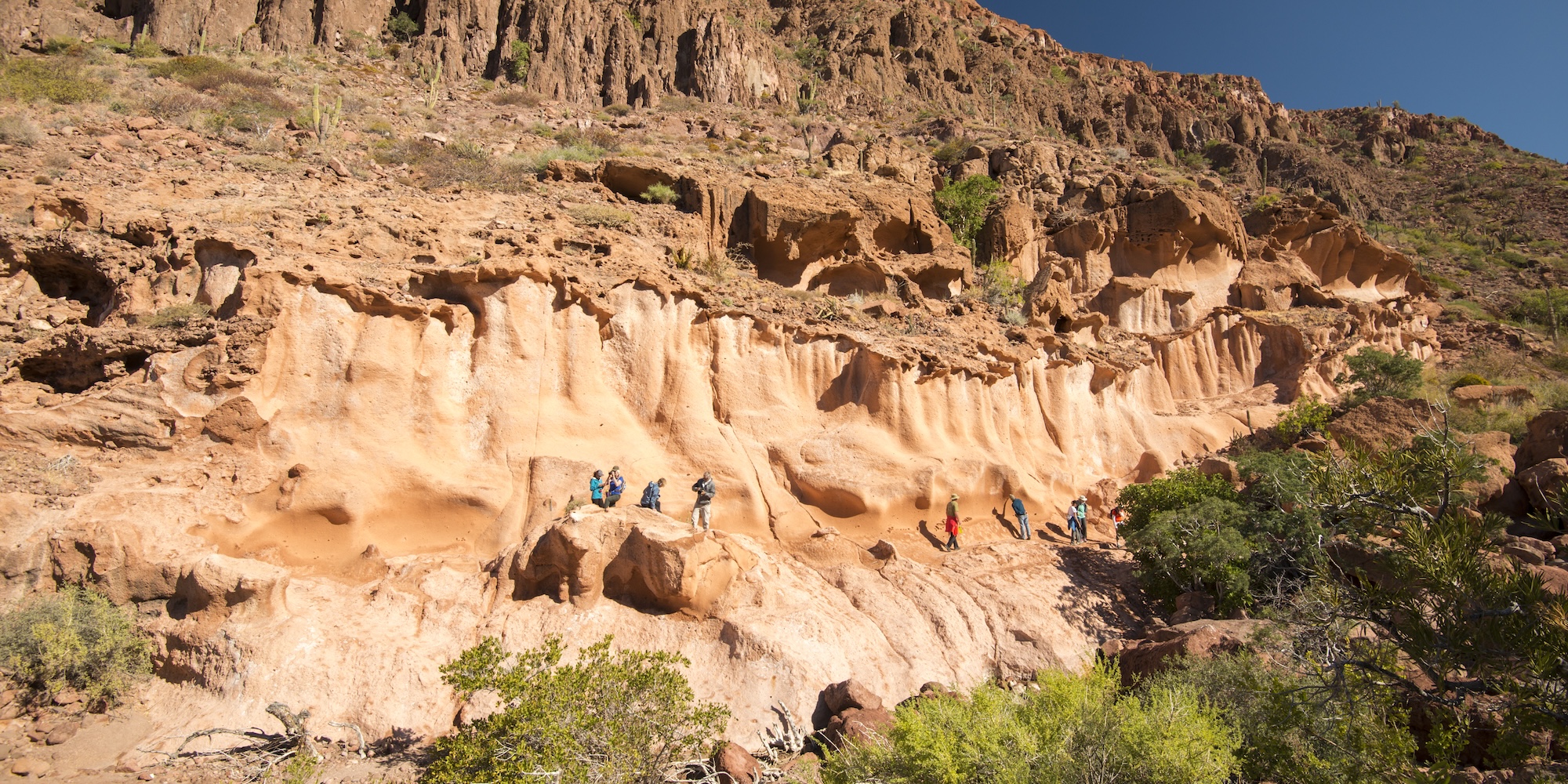 A group of people hiking in a canyon near Loreto, Baja.