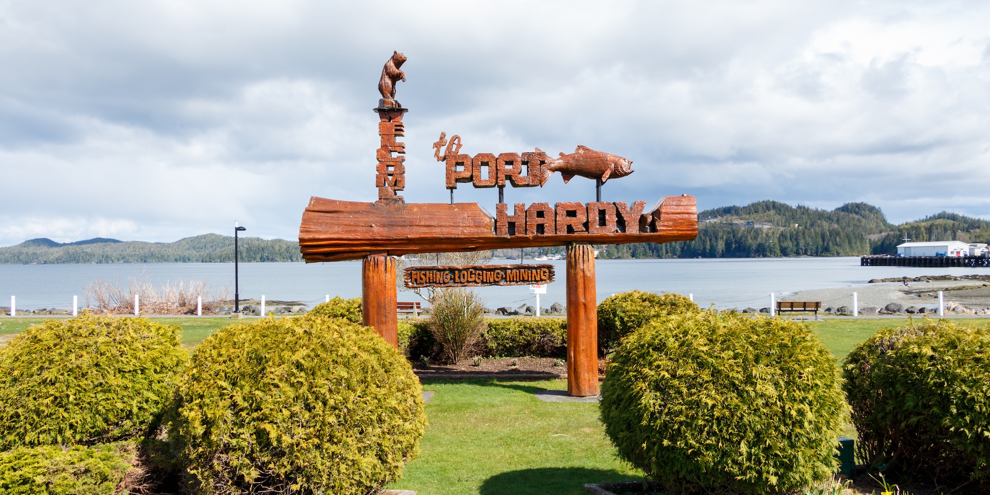 Welcome sign in Port Hardy, British Columbia, a key transportation hub on northern Vancouver Island