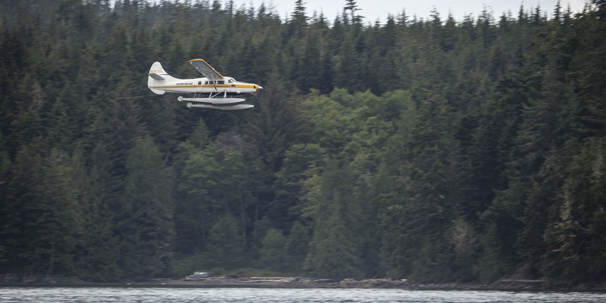Floatplane flying over coastal forest and water near Port McNeill on Vancouver Island, British Columbia