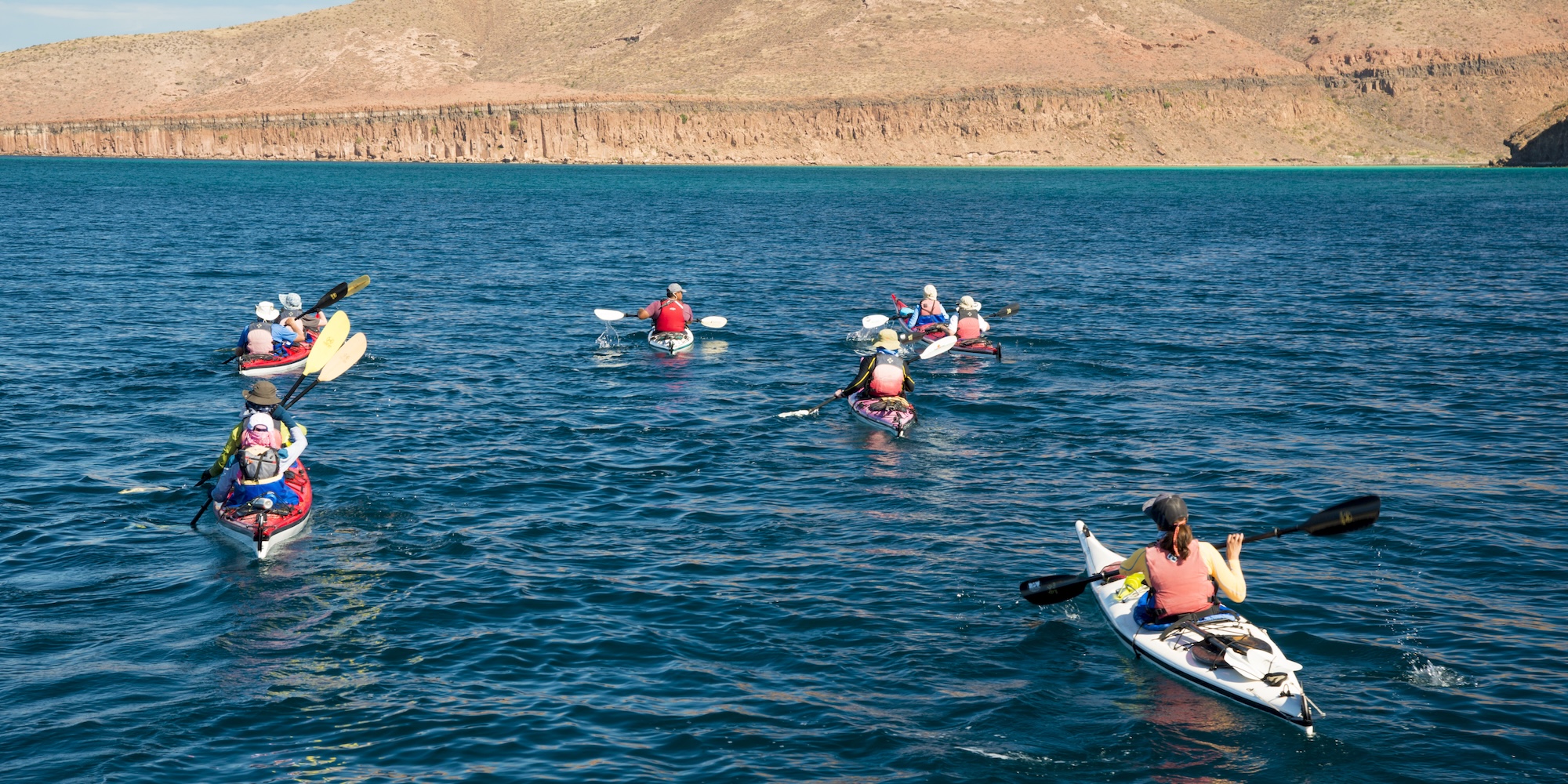 Group of kayakers paddling self-supported sea kayaks in Baja with fully loaded boats and open water ahead