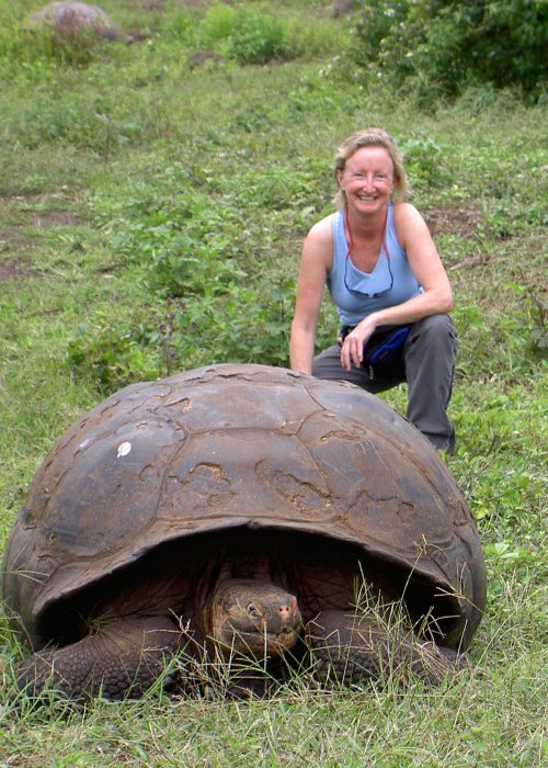 lady with Galapagos tortoise