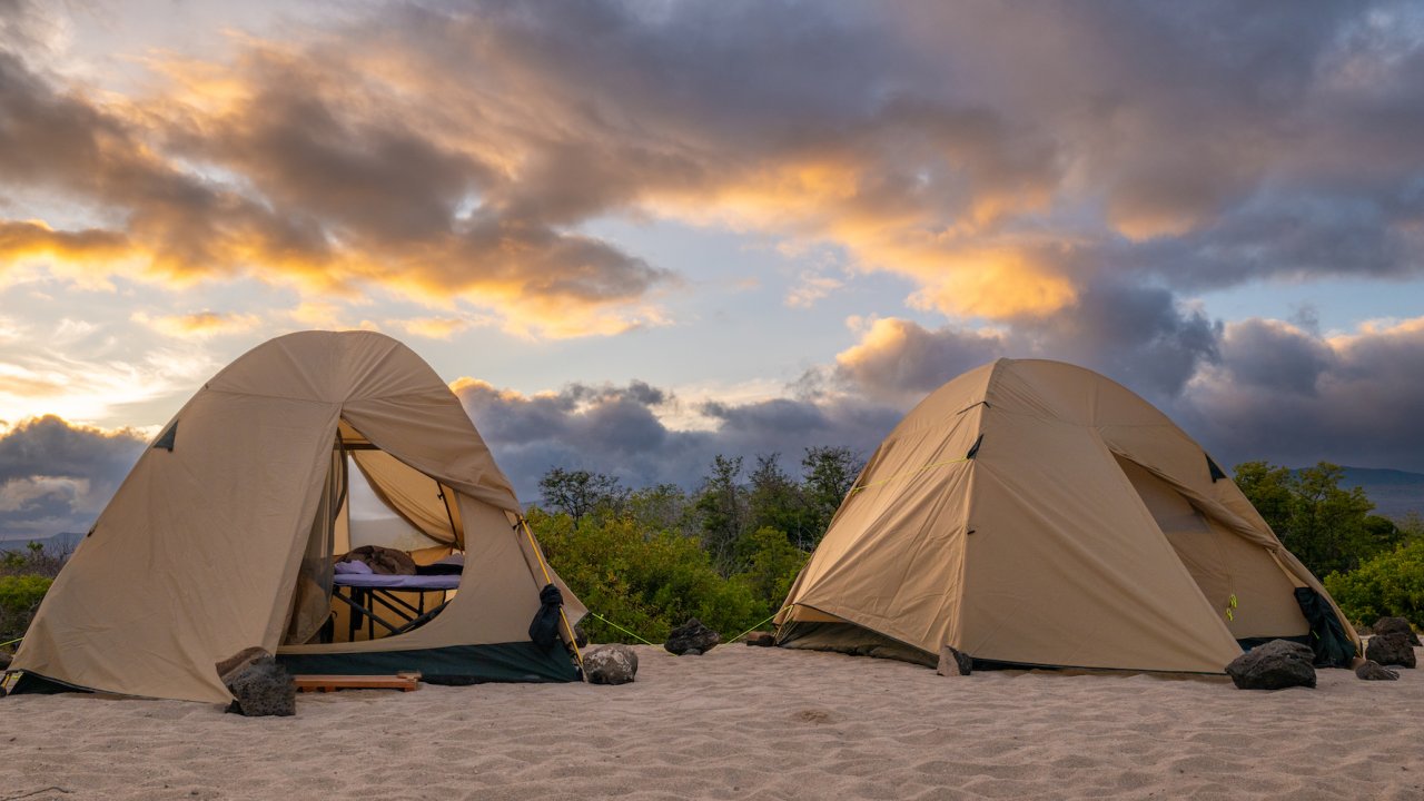 Two tents side by side with the fly open on one looking inside at a beachside camp in the Galapagos Islands