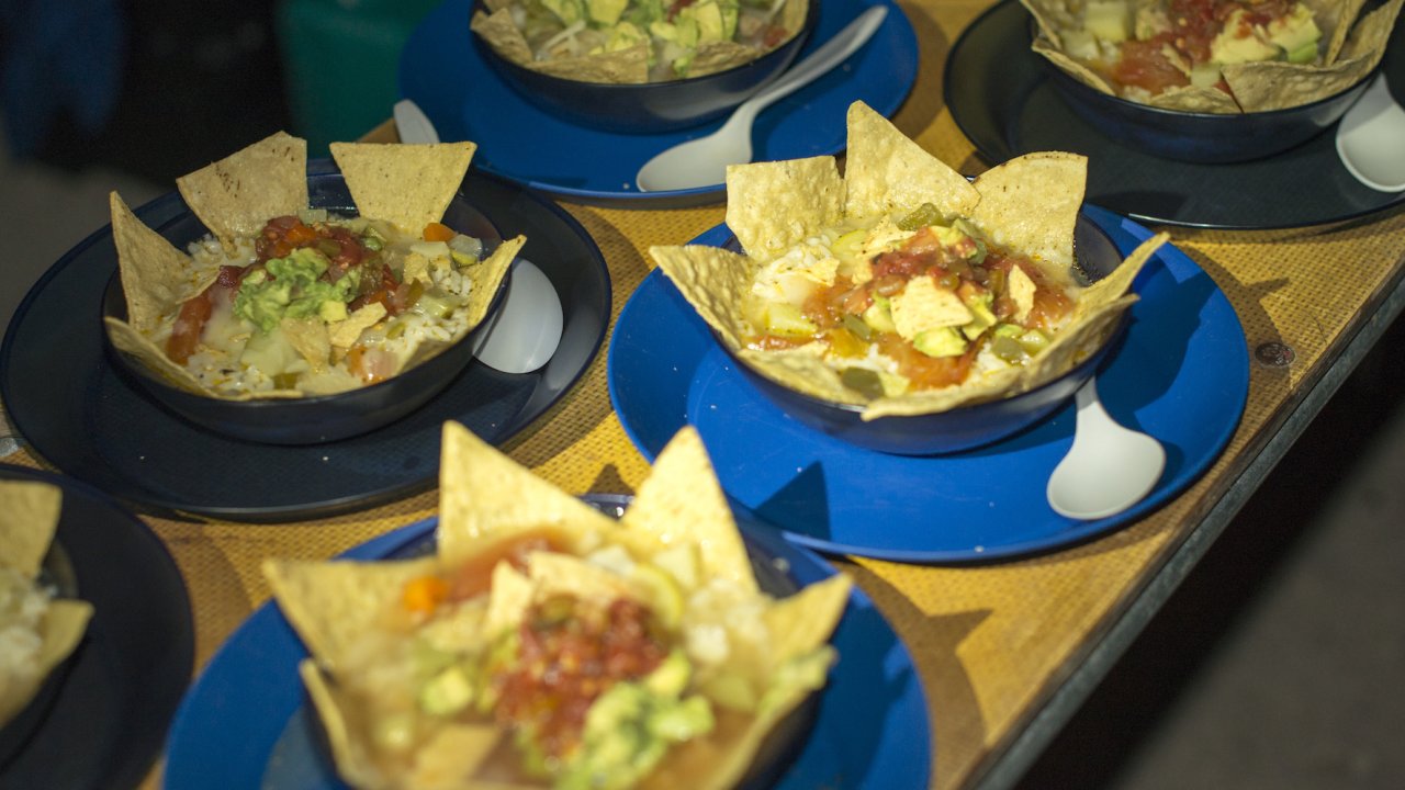 Burrito bowl with tortilla chips served in individual bowls