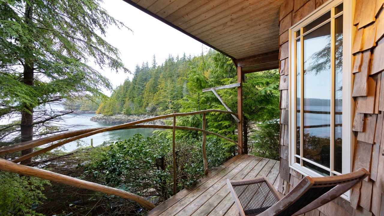 Deck overlooking the water at Gods Pocket Resort in Canada