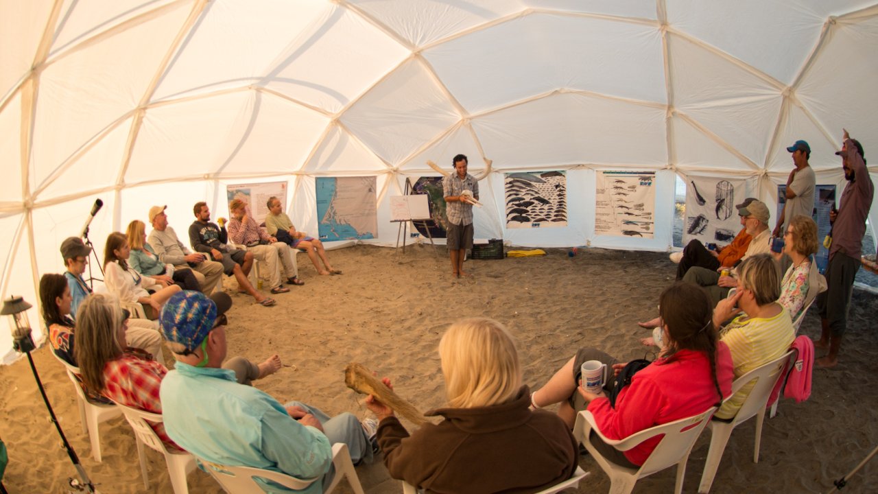 A group of people sitting in chairs inside a round dome tent talking about whales