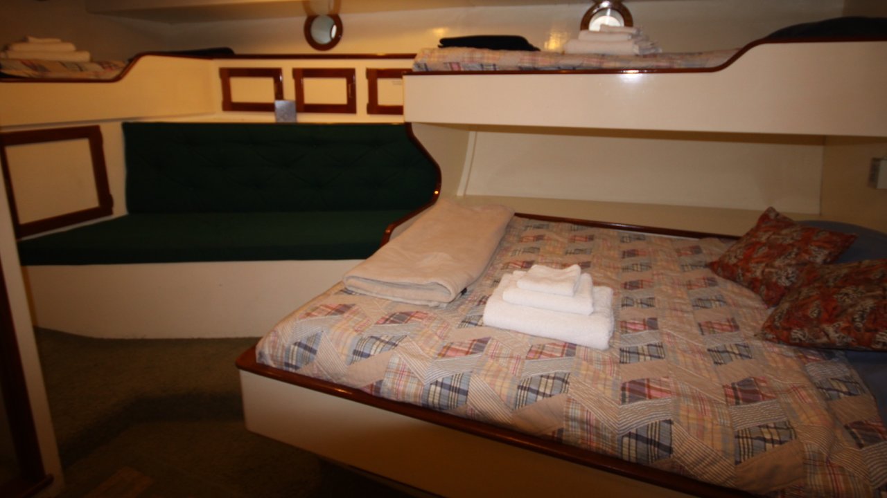 Full sized bed in the Sea Wolf Boat double stateroom