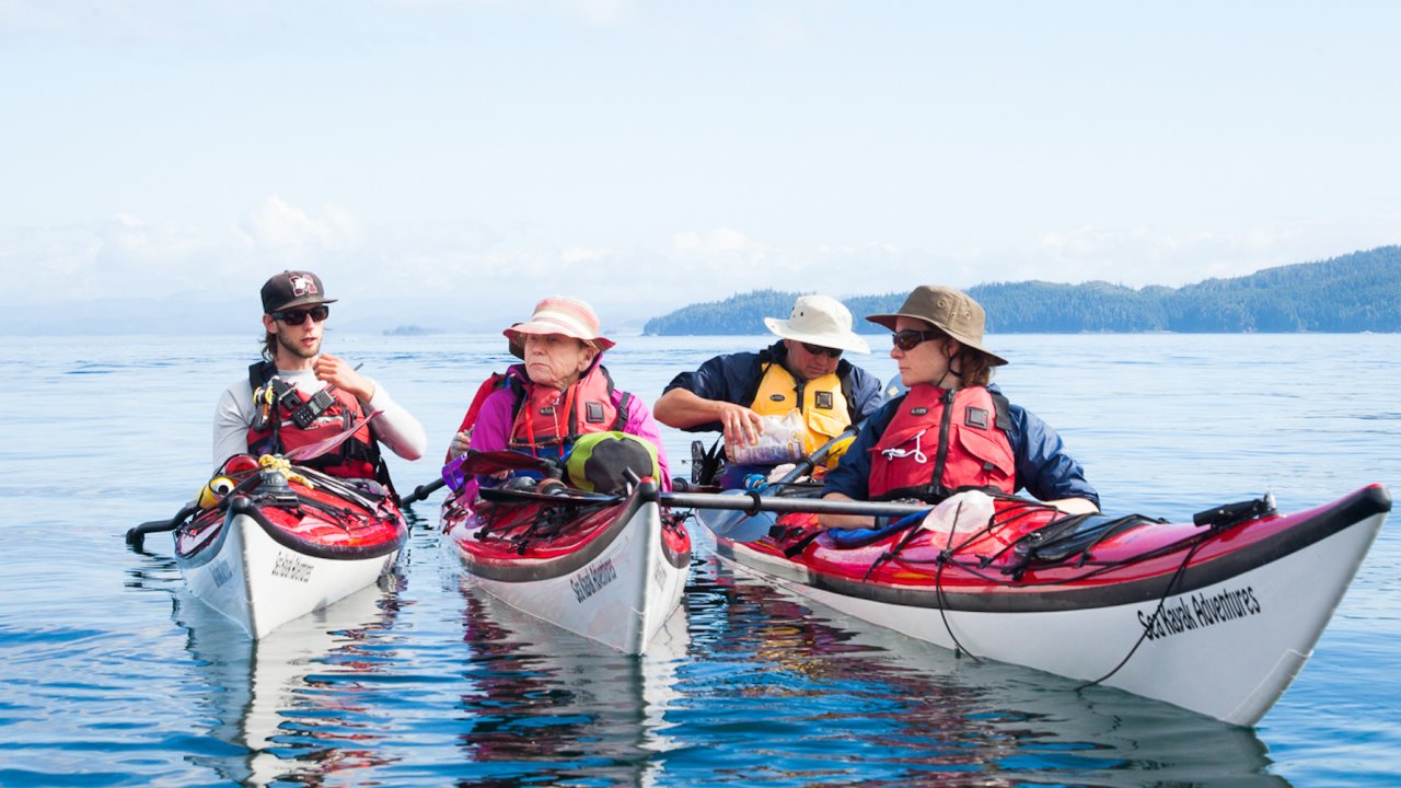 People floating and talking across their sea kayaks while on a sea kayaking and whale watching tour in British Columbia