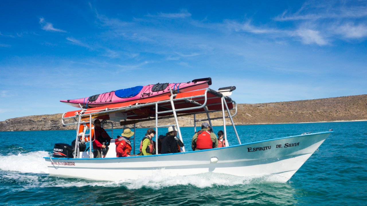 panga with sea kayaks in baja