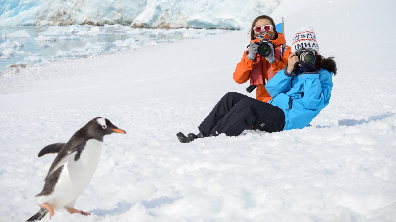 Two women sitting in the snow taking a picture of a penguin walking in front of them in Antarctica
