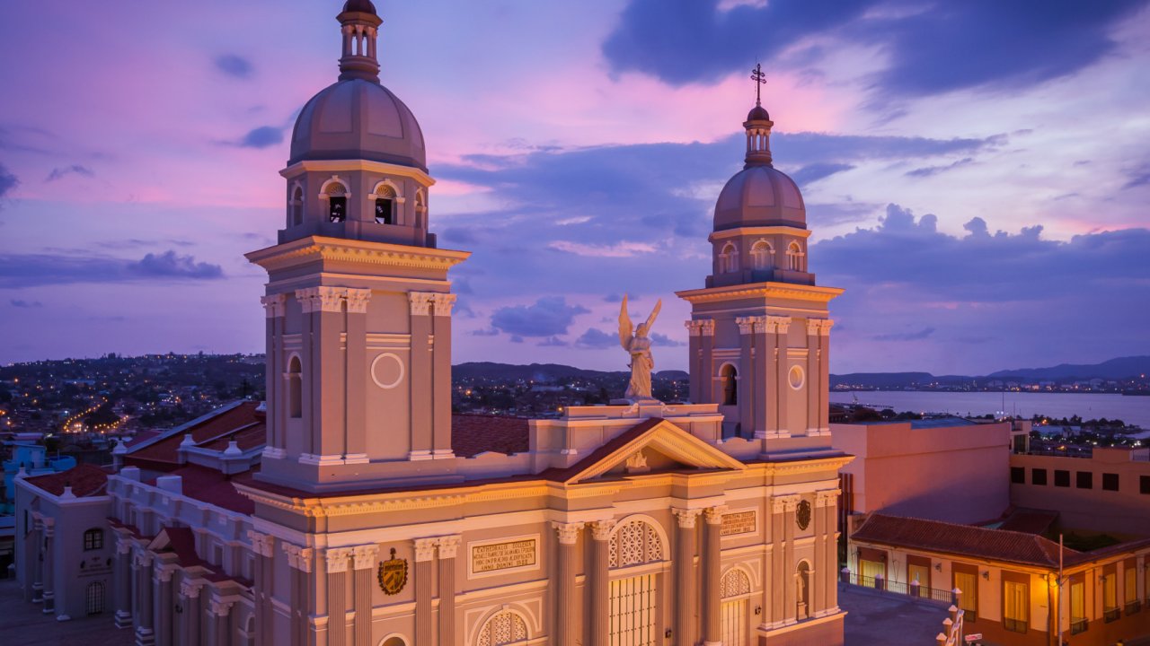 View of a famous cathedral in Cuba at sunset