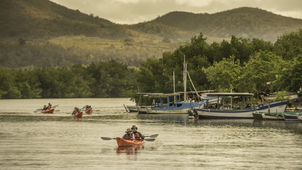 kayaks in bay in Cuba