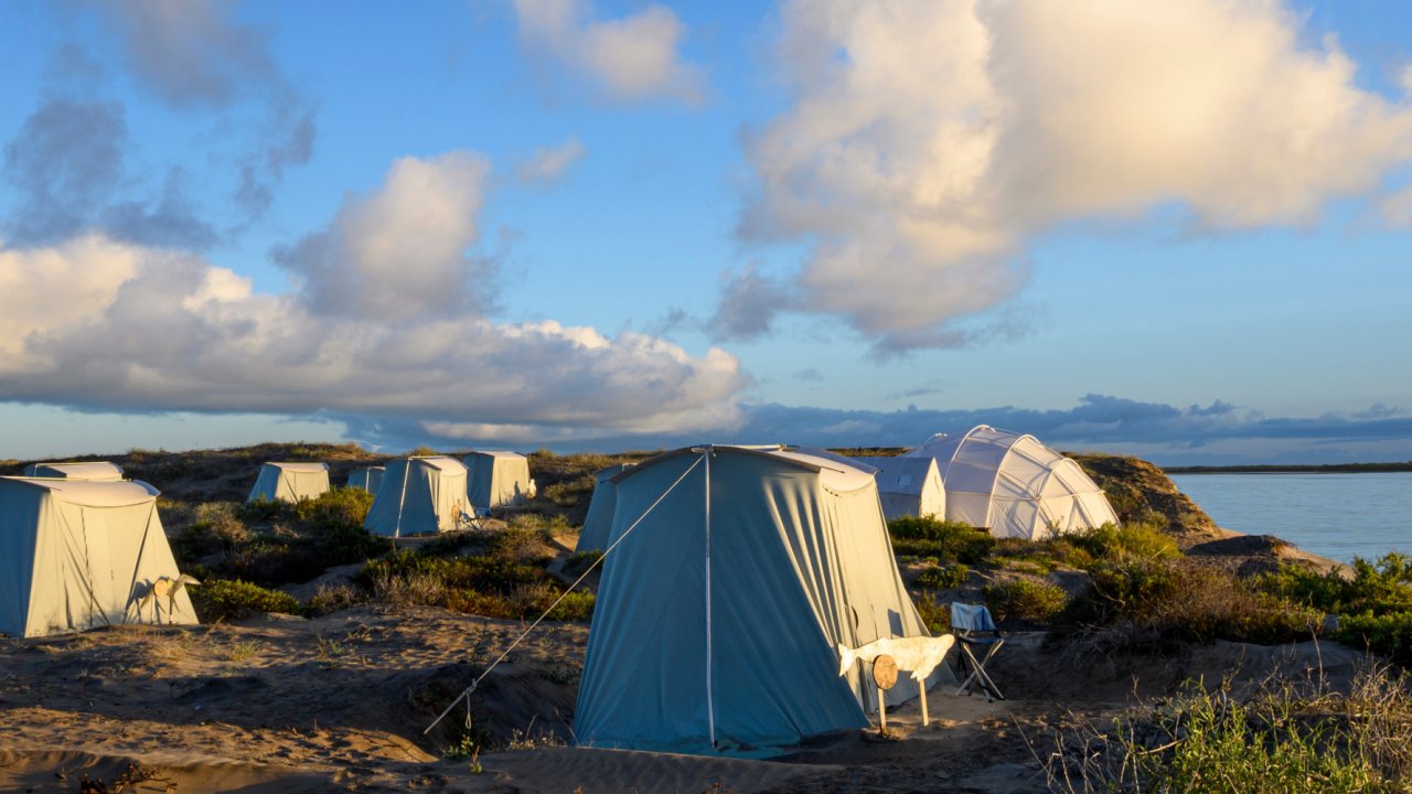 tents on sand dunes near ocean