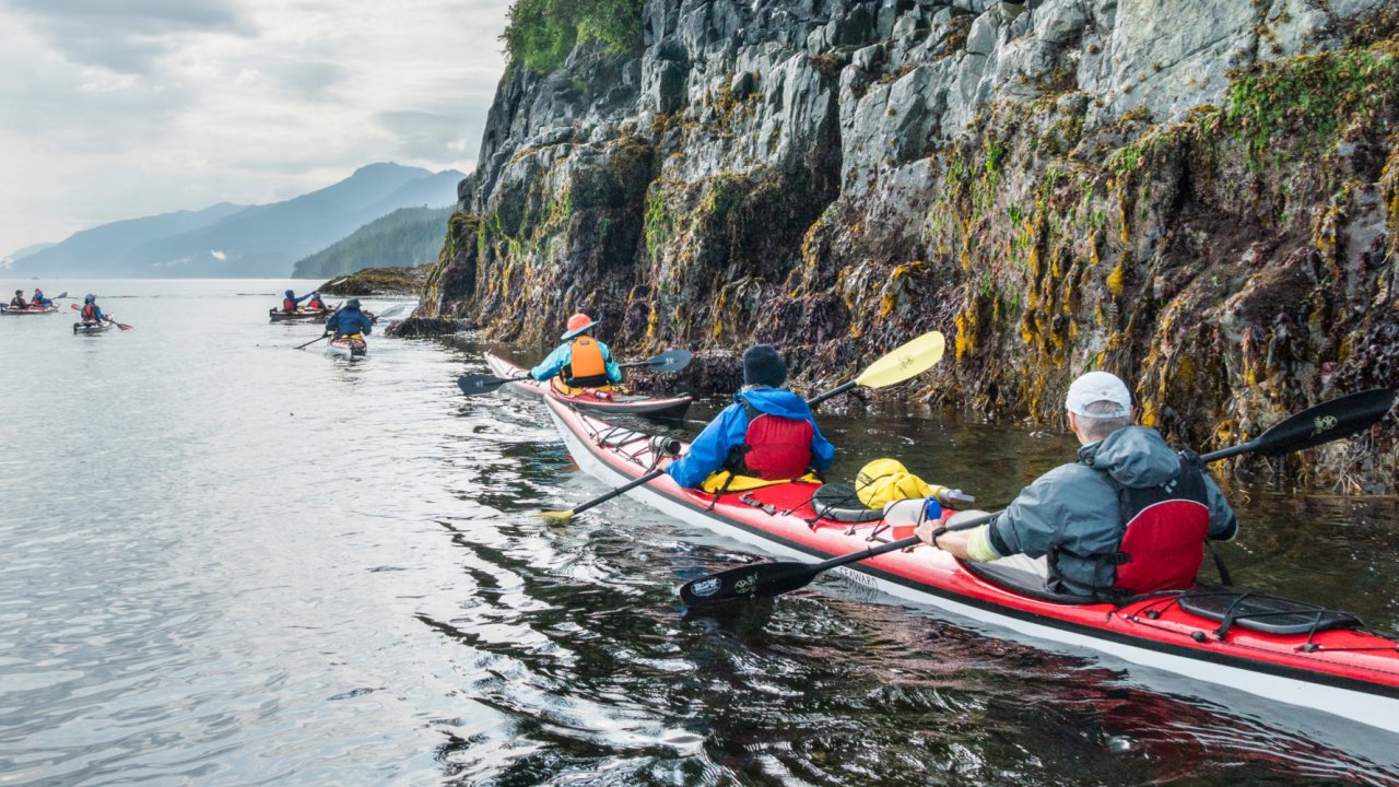 sea kayakers paddling along shore of vancouver island