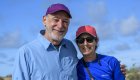 A couple smiling for a photo while on a whale watching tour near La Paz, Baja California Sur