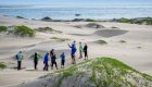 group walking across sand dunes along pacific coast in baja