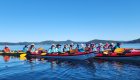 A group of kayakers paddling together in the Broughton Archipelago, British Columbia, enjoying a guided sea kayaking tour in Canada’s stunning coastal wilderness.