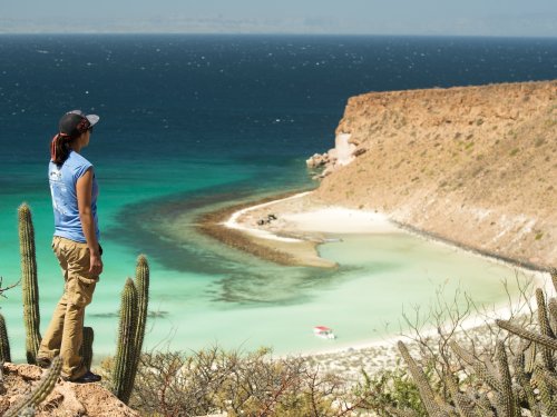 Woman overlooking turquoise bay and desert cliffs on Isla Espíritu Santo, Baja California Sur, during a guided kayaking and hiking tour near La Paz.