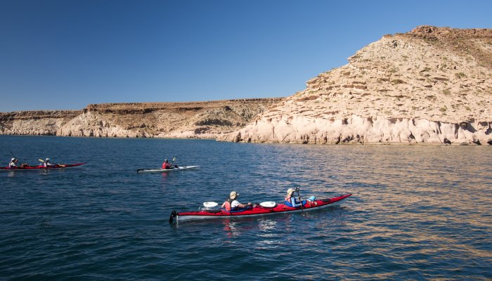 Sea kayakers paddle tandem and single kayaks across calm blue water in Baja’s Gulf of California, with desert cliffs rising along the shoreline during a sea kayaking trip.